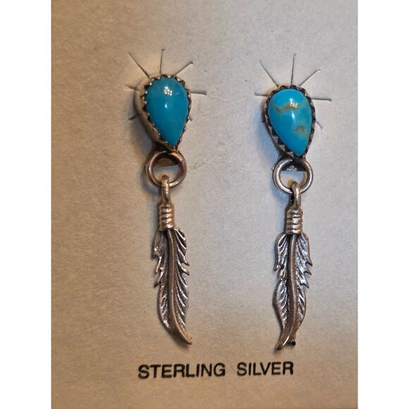 Sterling Silver & Turquoise Feather Dangle Earrings 1.5" - Picture 9 of 10